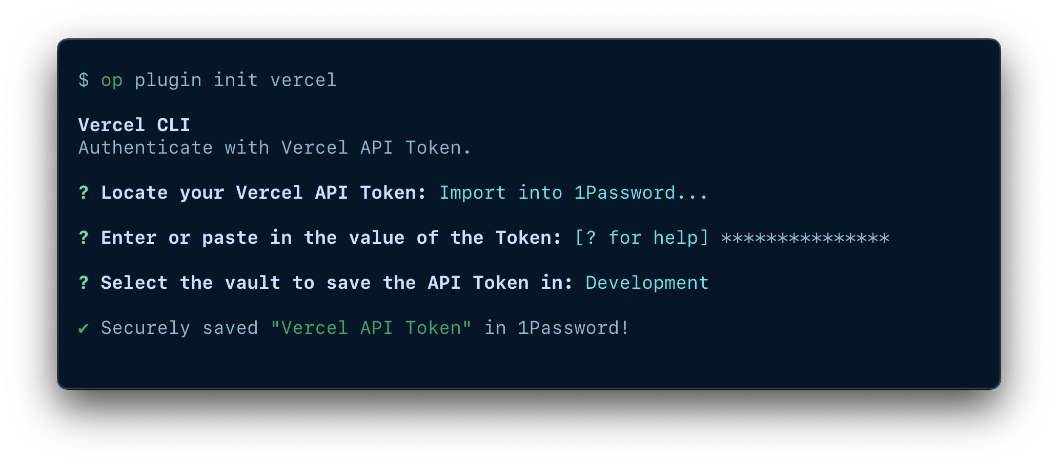 A terminal window showing the fields available to import an item, including the token, item name, and vault.