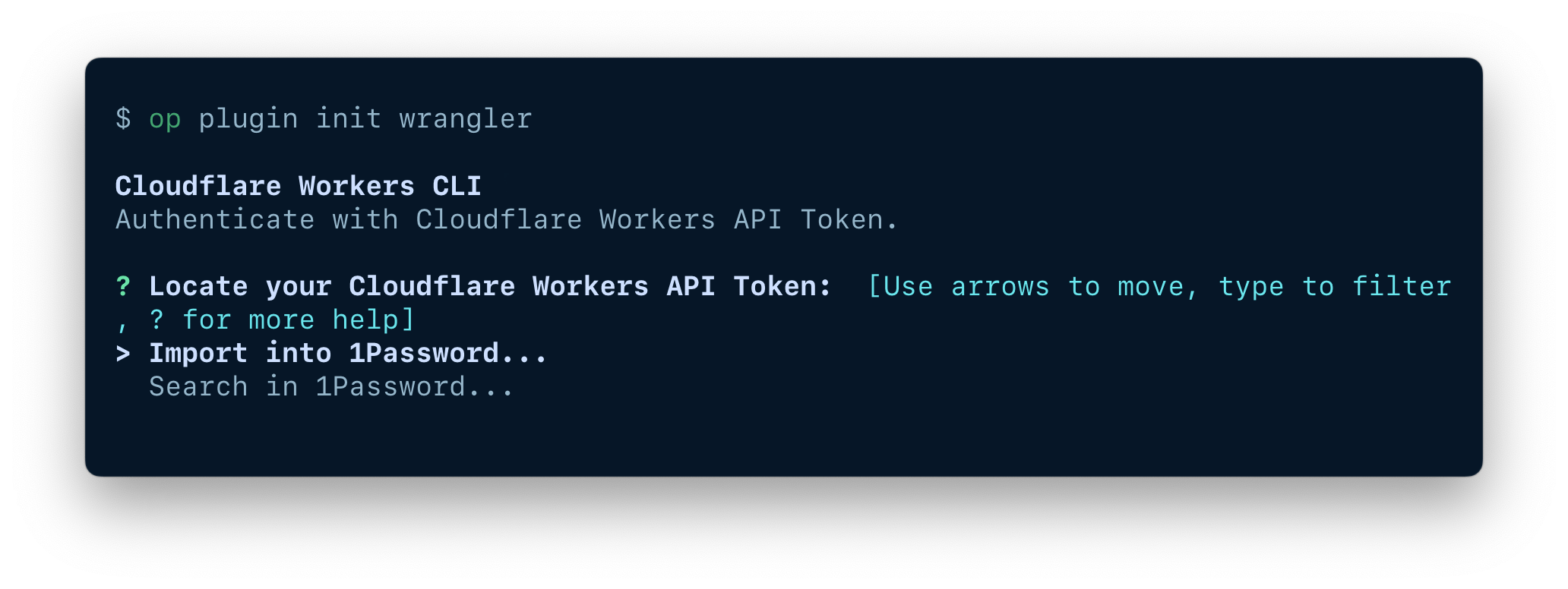 A terminal window displaying the op plugin init command and options to import or select an item.