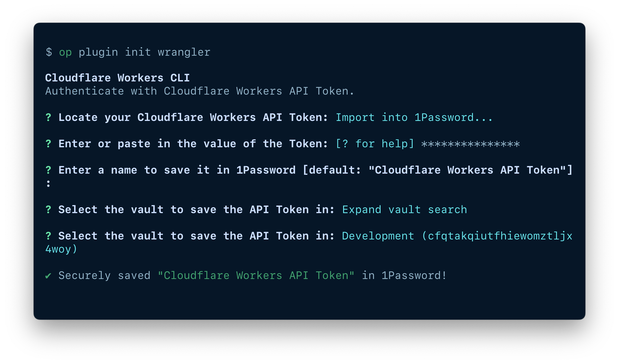 A terminal window showing the fields available to import an item, including the token, item name, and vault.
