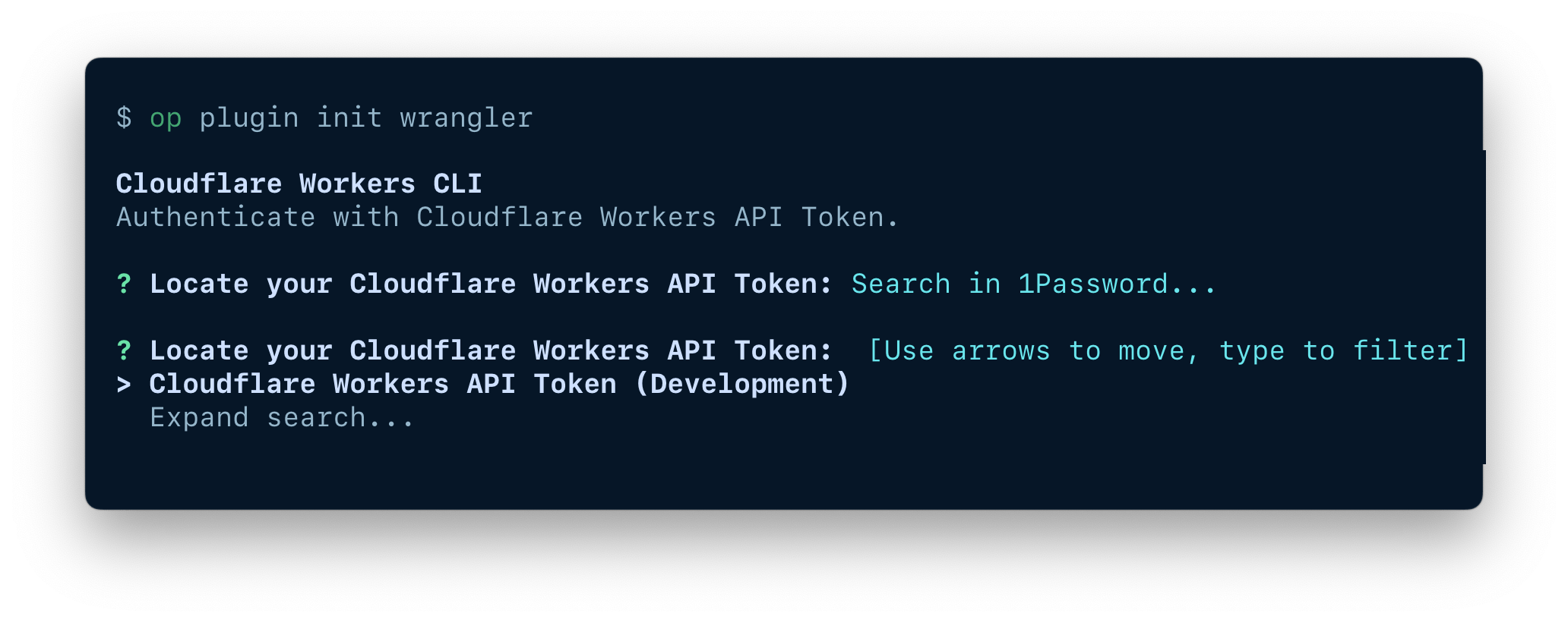 A terminal window showing the option to search for an existing item in your 1Password account.