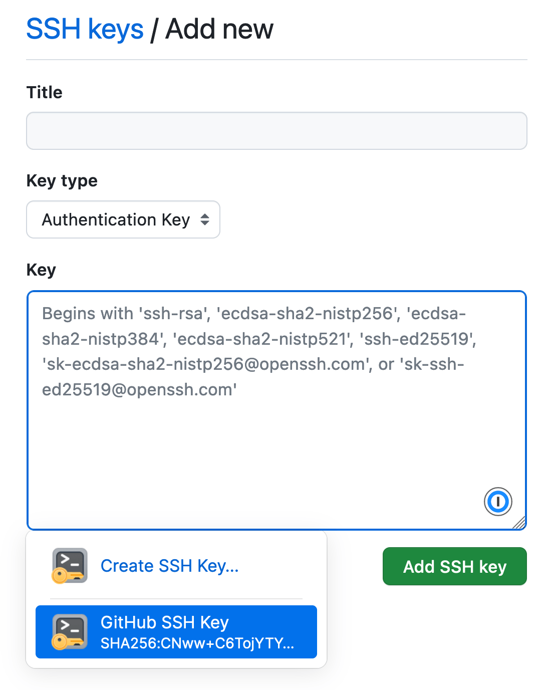 The GitHub SSH key settings page in a browser, with the Key field selected on the page and the GitHub SSH key item selected in the 1Password popup.