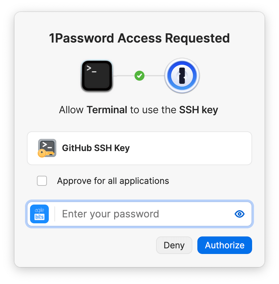 Authorization prompt showing that the 1Password account password needs to be entered.