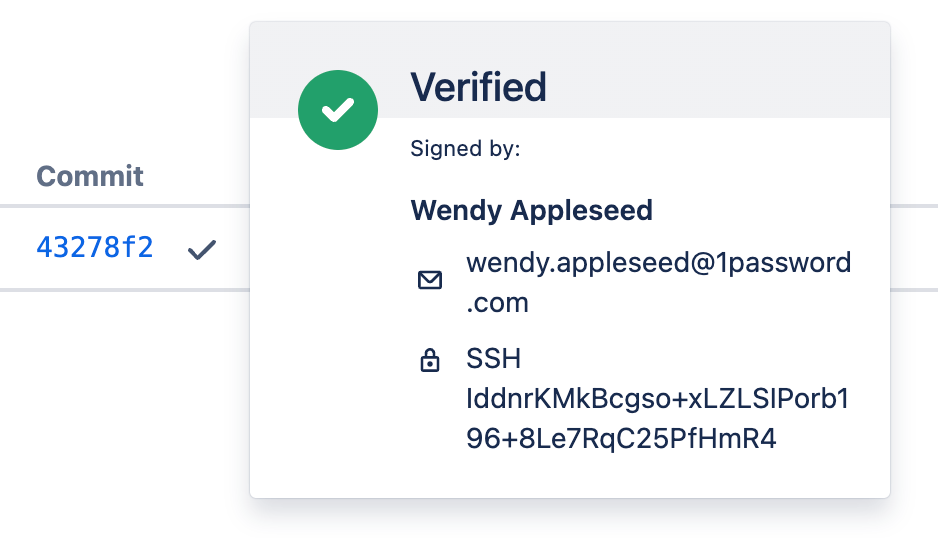A Bitbucket commit marked with the verified badge and showing the SSH public key used to sign.