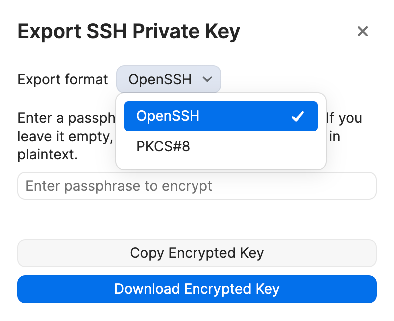 The export dialog for a private key with an empty passphrase field and copy and download buttons.