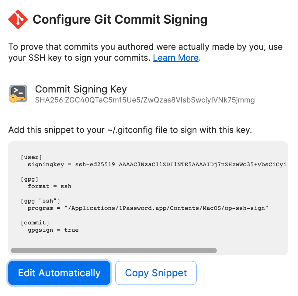 The Configure Git Commit Signing window showing options to edit your config file automatically or copy the configuration snippet manually.