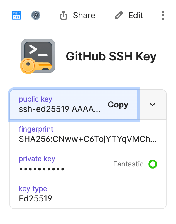 A GitHub SSH Key item selected in the 1Password desktop app, with the public key field selected and ready to copy.