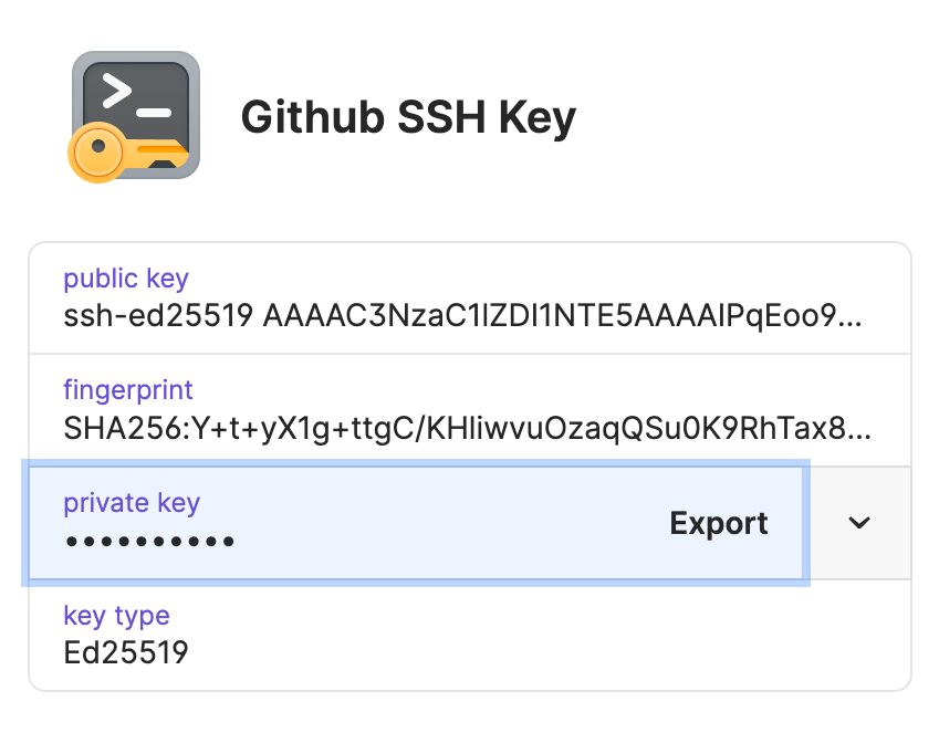 A GitHub SSH key item with the private key field highlighted to show the Export option.