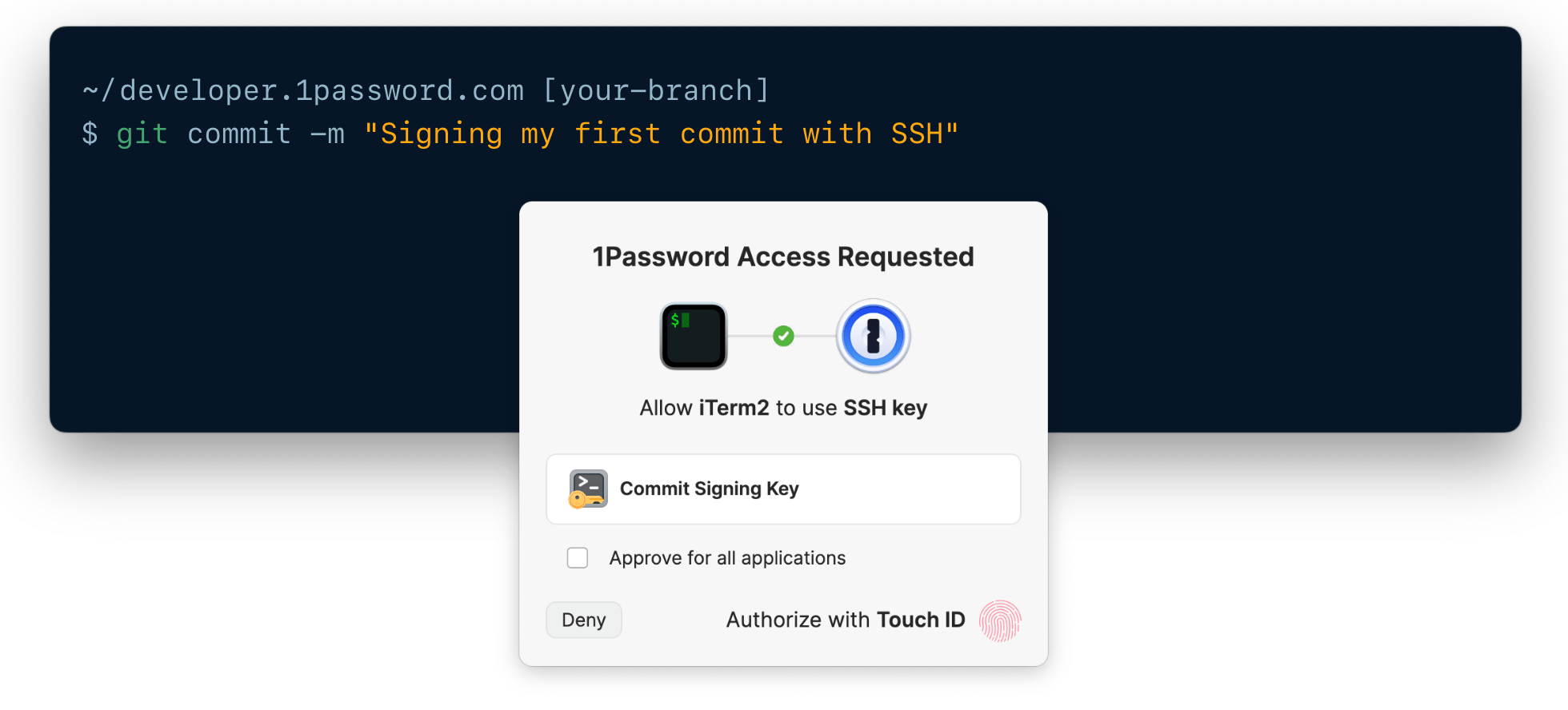 A Mac terminal showing a git commit command, overlaid with a 1Password prompt asking to authorize the use of a commit signing key with Touch ID.