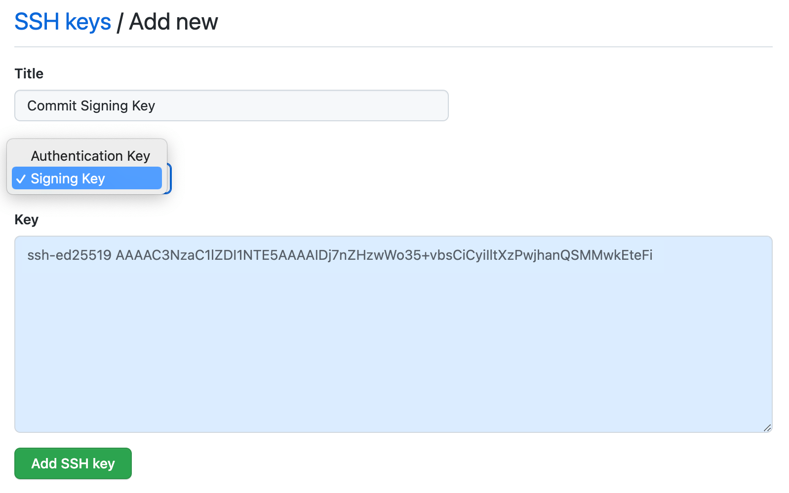 The GitHub form to add a new SSH key, with signing key selected.