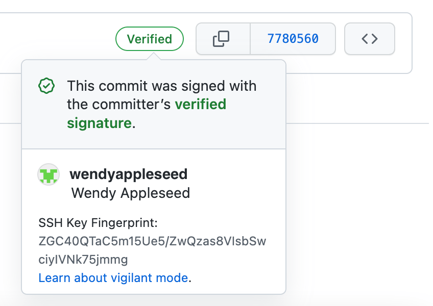 A GitHub commit marked with the verified badge and showing the SSH public key used to sign.