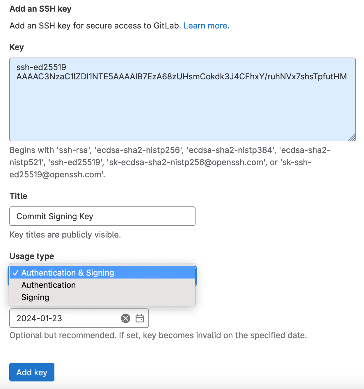 The GitLab form to add a new SSH key, with authentication and signing selected.