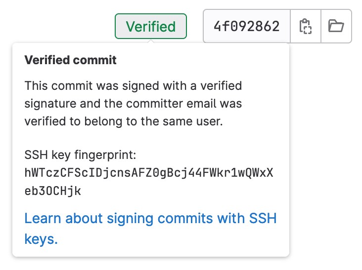 A GitLab commit marked with the verified badge and showing the SSH public key used to sign.