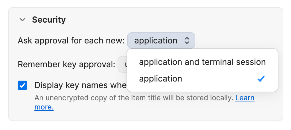 SSH agent security settings showing the menu with the two options for when 1Password will ask you to approve SSH requests.